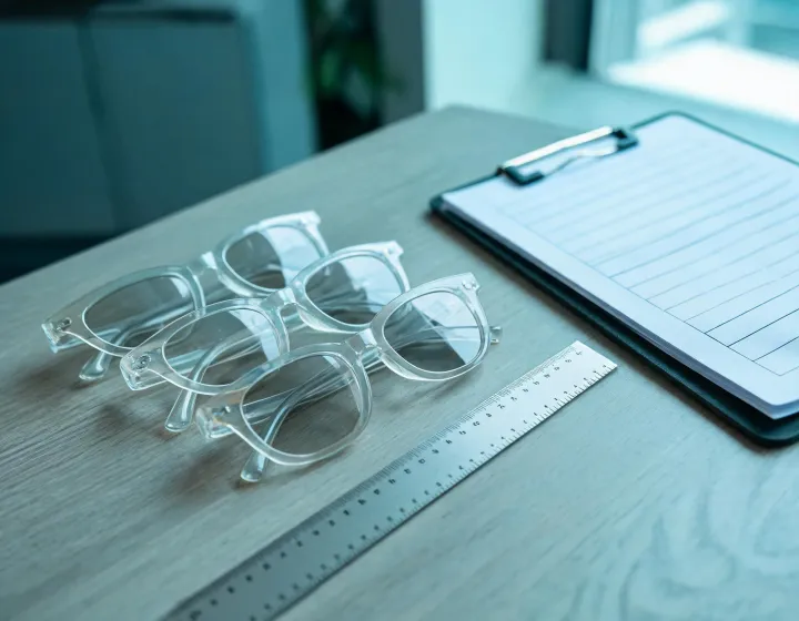 Custom acetate sunglasses on a buyer briefing desk with millimetre callouts